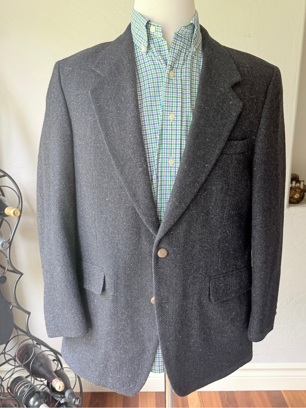 Farah Men's Vintage Dark Navy Blue Herringbone Wool Sport Coat Jacket Size 42R